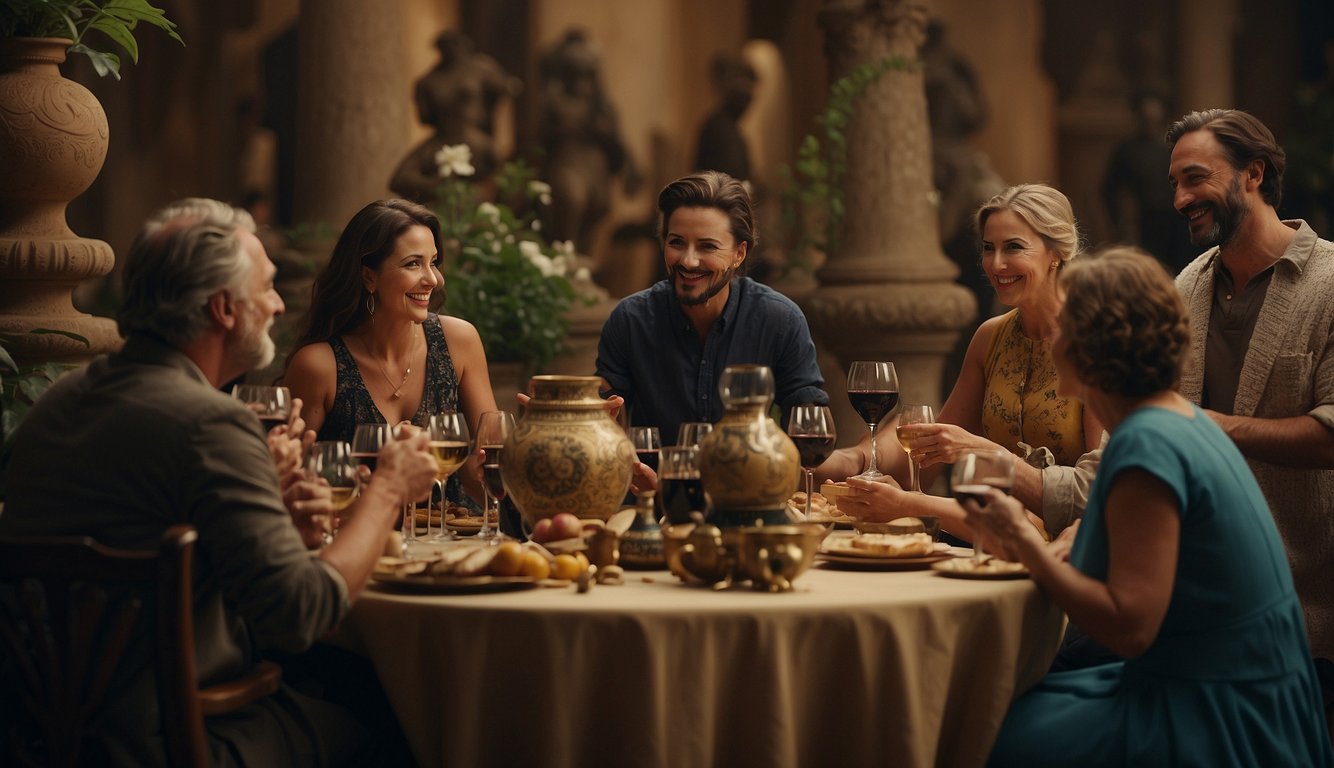 A group of people gather around a large table, engaging in lively conversation and laughter, as they pour and share wine in ornate vessels. The room is adorned with intricate pottery and sculptures, reflecting the social and political significance of wine in ancient Greek sym