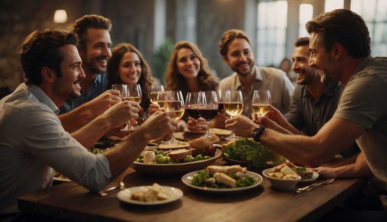 A group of people gather around a table, raising their wine-filled cups in a toast. The room is filled with lively conversation and debate, as the significance of wine in ancient Greek society is evident
