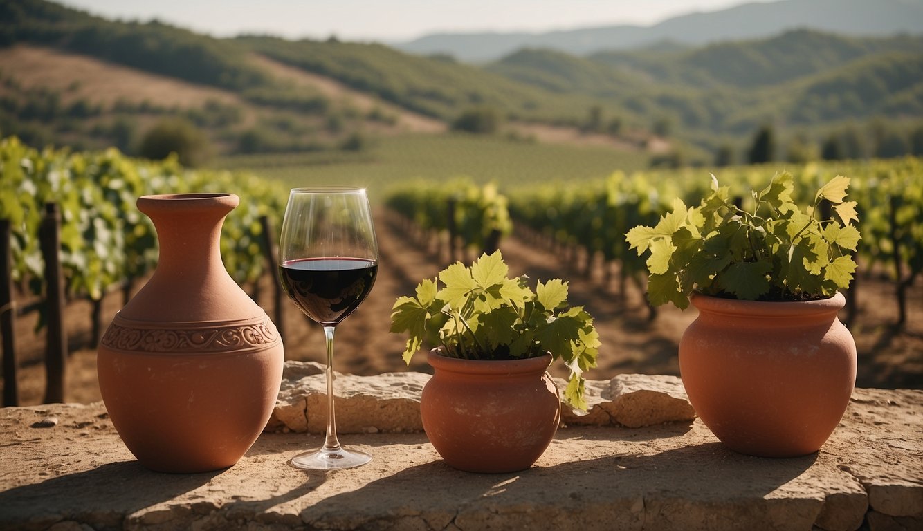 Vineyards stretch across rolling hills, with stone amphorae and terracotta vessels dotting the landscape. Roman ruins stand as a testament to their revolutionary winemaking techniques
