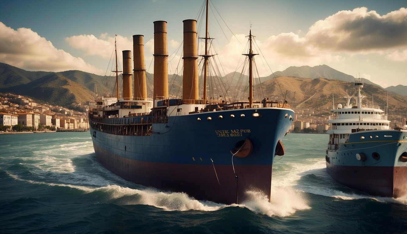 Ships from various countries sail across the ocean, carrying barrels of wine and grapevines to new lands, while traders negotiate deals in bustling port cities
