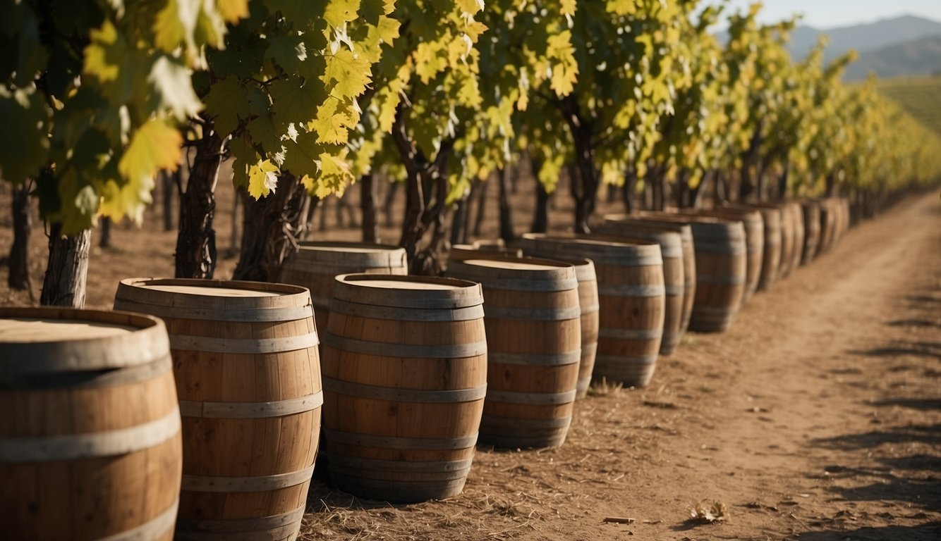 Vineyards spread across continents, connected by trade routes. Ships laden with barrels of wine navigate the seas. Tourists explore diverse wine regions