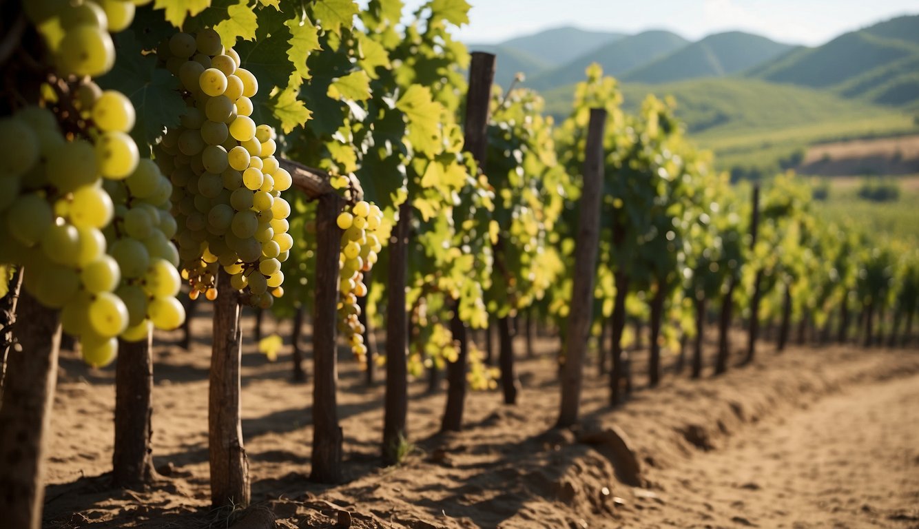 Lush vineyards sprawl across ancient hills, with clusters of ripe grapes hanging from trellises. Stone fermentation vats and clay jars dot the landscape, evidence of early winemaking