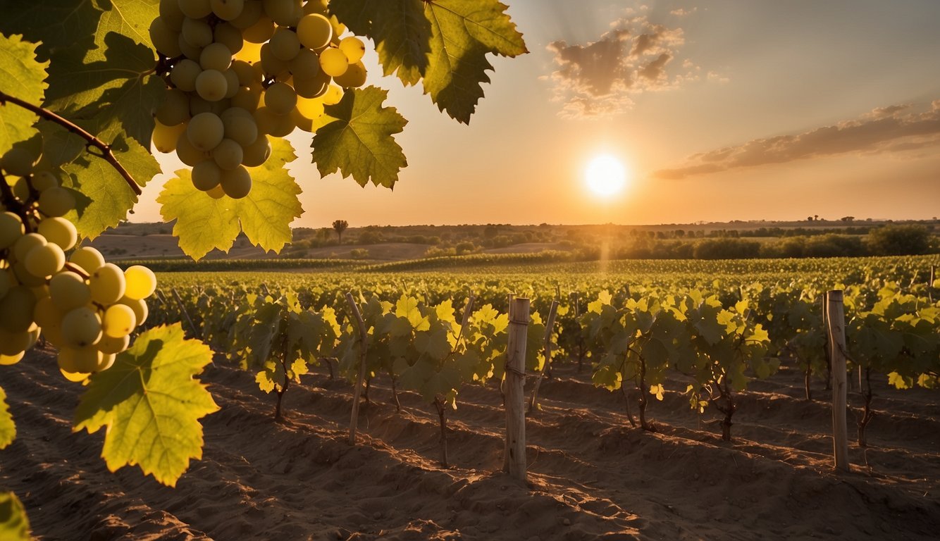 Vineyard in ancient Mesopotamia with rows of grapevines, workers pressing grapes, and clay vessels for fermentation. Sun setting over the horizon