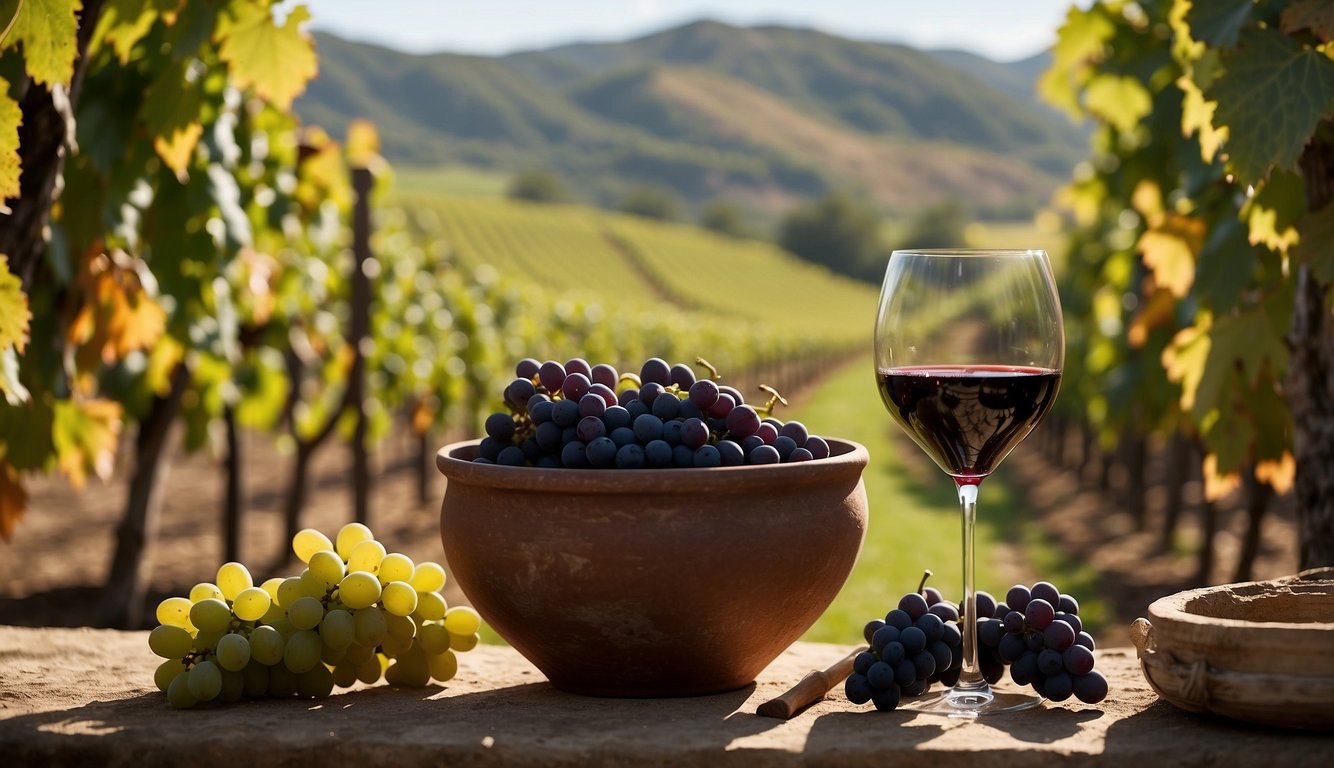 A vineyard nestled in a picturesque valley, with modern winemaking equipment juxtaposed against ancient clay vessels and grape-stomping pits
