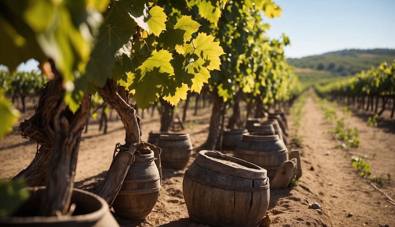 A vineyard with ancient grape vines, stone fermentation vessels, and primitive tools for winemaking. Researchers examine artifacts and conduct experiments