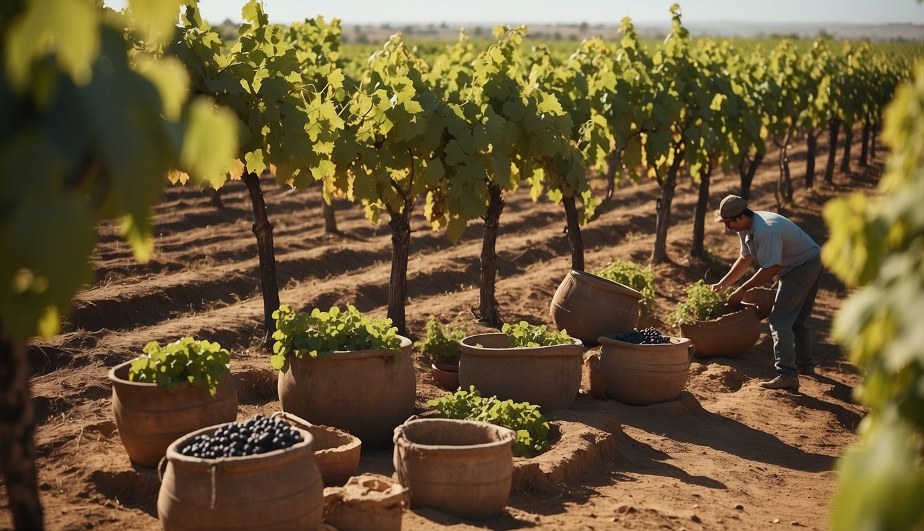 Vineyards sprawl across ancient Egyptian, Greek, and Roman landscapes, with workers tending to grapevines and clay vessels for winemaking