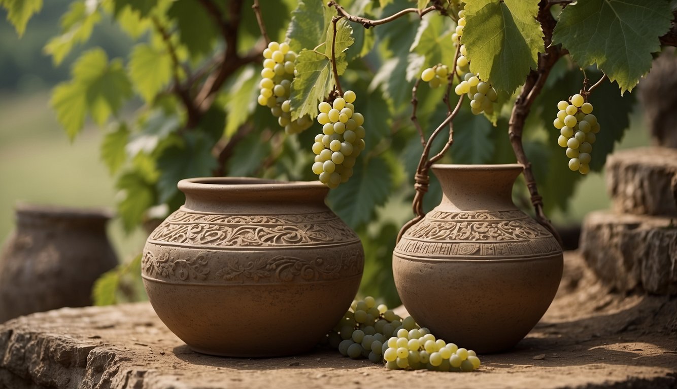 Vines twisting around Neolithic-era pottery, with grapes hanging from the vines, and a primitive pressing mechanism nearby