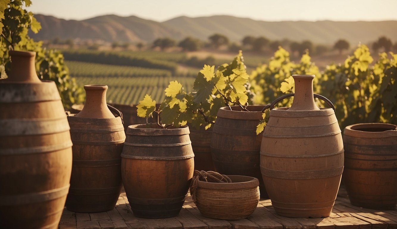 Ancient Egyptians, Greeks, and Romans using clay pots, amphorae, and wooden barrels to store and ferment wine. Vineyards and grapevines in the background