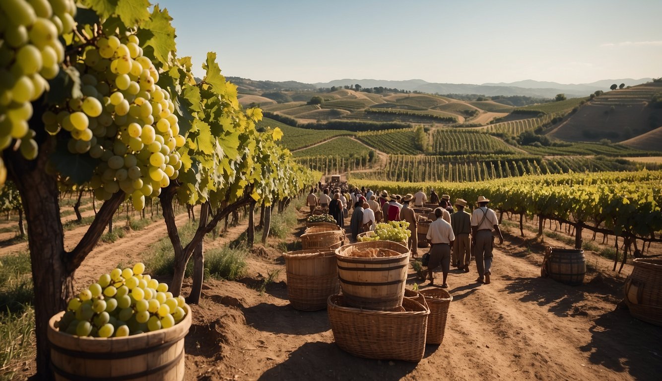 Vineyards spreading across ancient civilizations, with workers tending to the grapevines and harvesting ripe fruit. Trade caravans transporting amphorae filled with wine. A bustling marketplace where merchants exchange goods and laws are established to regulate the wine trade