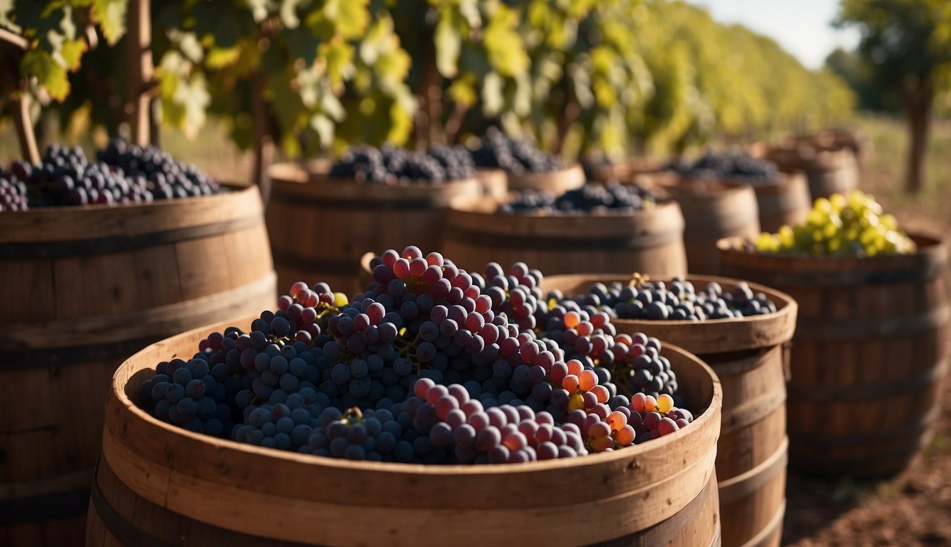 Grapes being harvested and crushed, followed by fermentation in clay amphorae and wooden barrels, culminating in the bottling and labeling of wine bottles