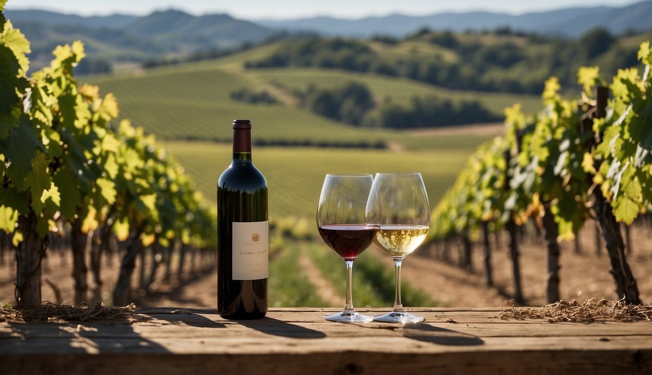 Vineyards stretch across rolling hills. Modern winemaking equipment blends with traditional methods. A timeline weaves through the scene, showcasing historical milestones