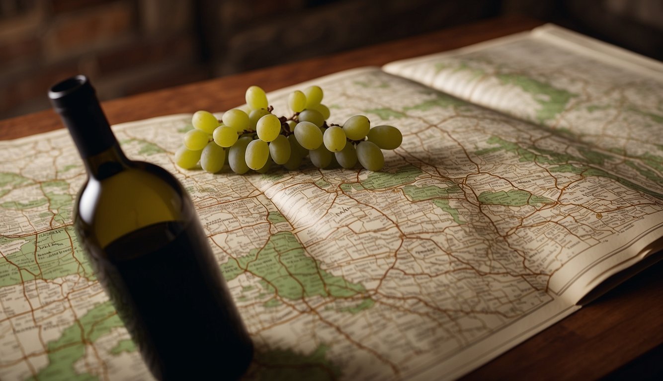 Vines spread across a map, connecting regions with dotted lines. Grapes and wine bottles symbolize cultural and scientific contributions. The world is depicted in the background
