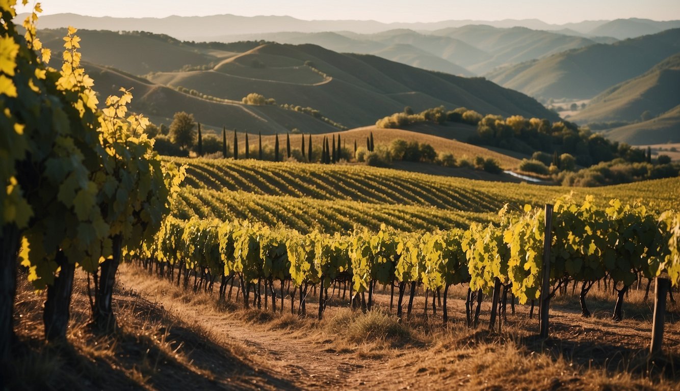 Rolling hills covered in vineyards of varying colors and textures, with a river winding through the landscape, showcasing the diverse wine regions of the world