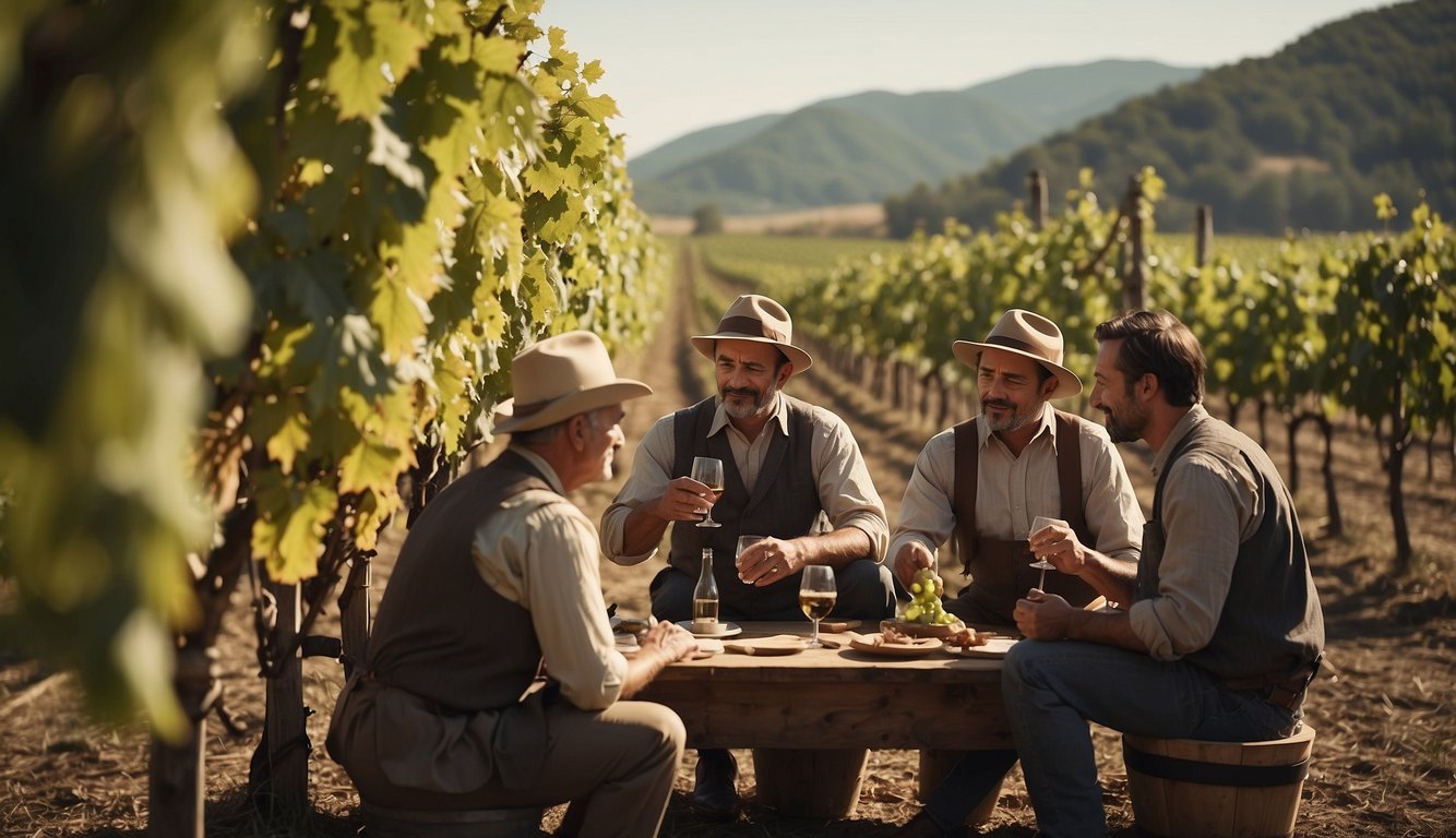 Famous historical figures gather around a vineyard, exchanging ideas and techniques, while workers diligently tend to the grapevines