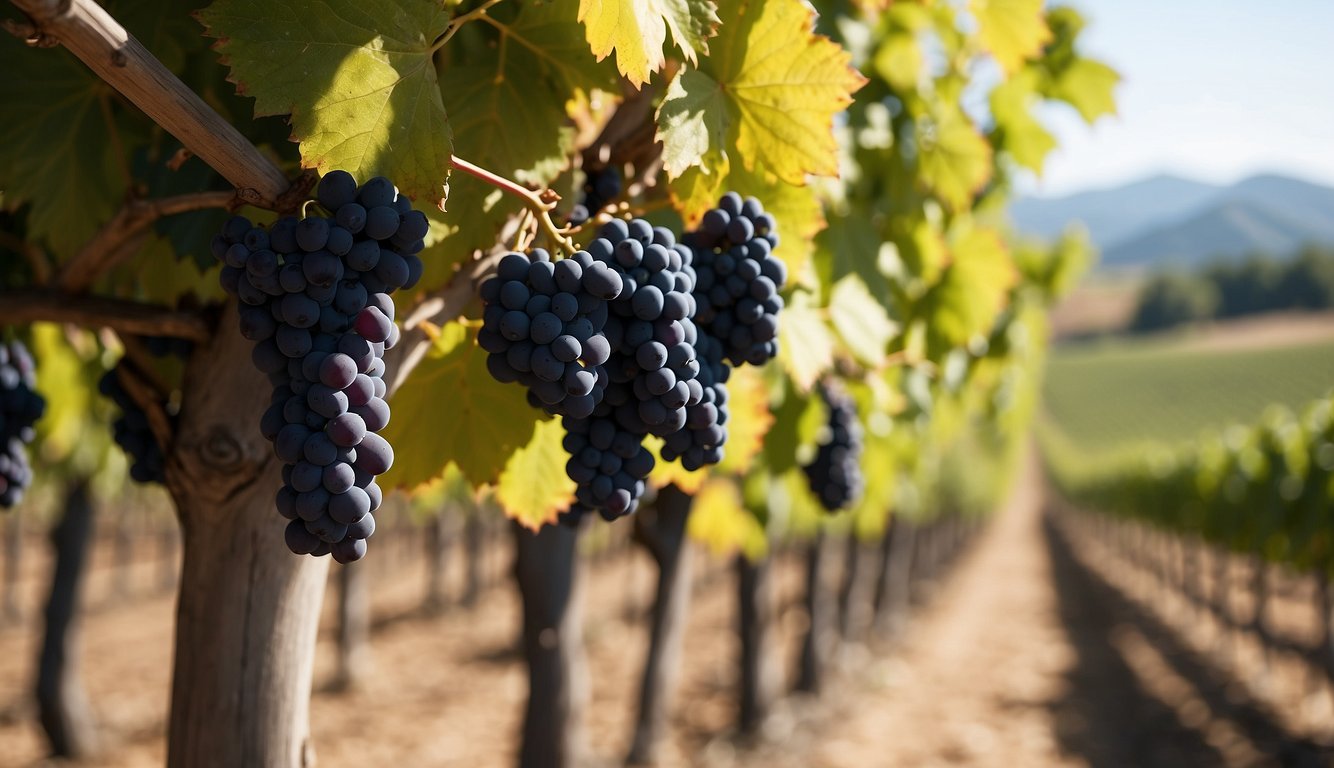 Vineyard landscape with advanced technology and historical artifacts