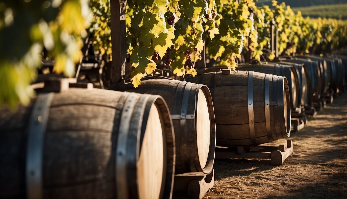 A vineyard with historic figures' names on wine barrels, surrounded by scientific equipment and grapevines in various stages of growth