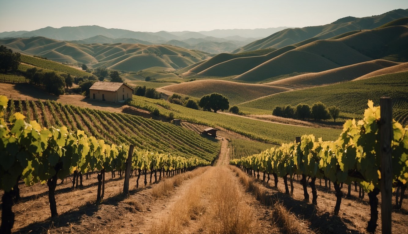 Vineyards sprawl across rolling hills, showcasing famous wine regions. Grapes of various varietals dangle from lush vines, evoking the historical influence of iconic figures on winemaking