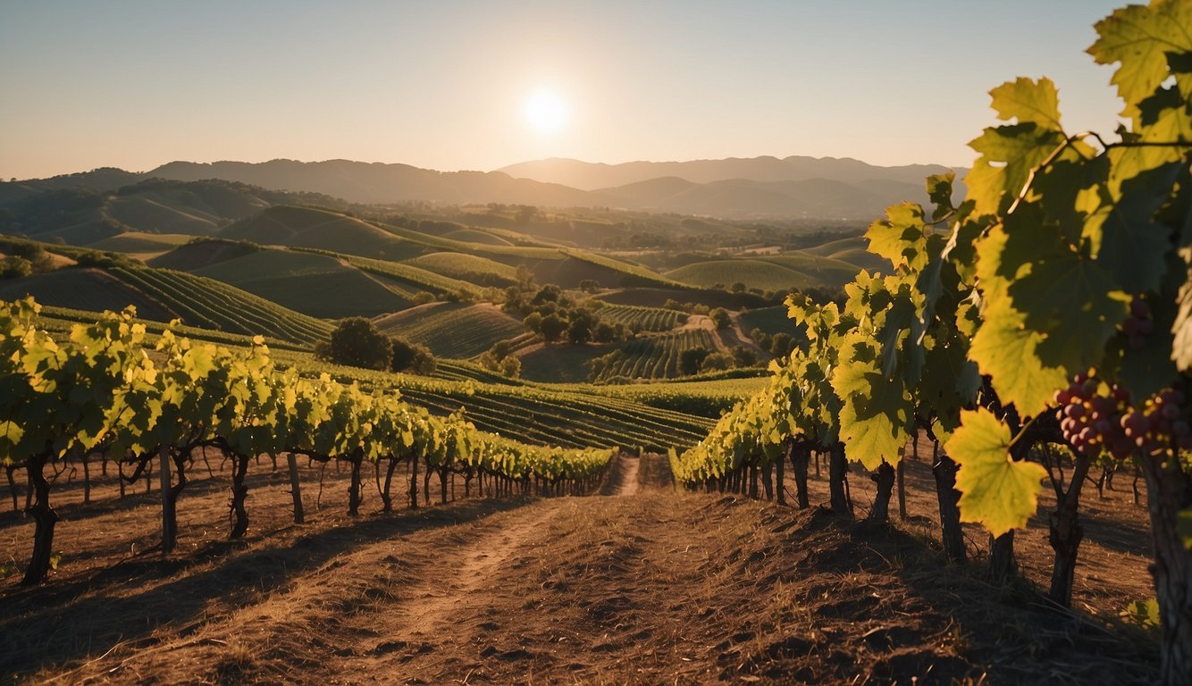 A vineyard stretches across rolling hills, with historic landmarks in the background. Grapes hang heavy on the vines, symbolizing the global impact of winemaking throughout history