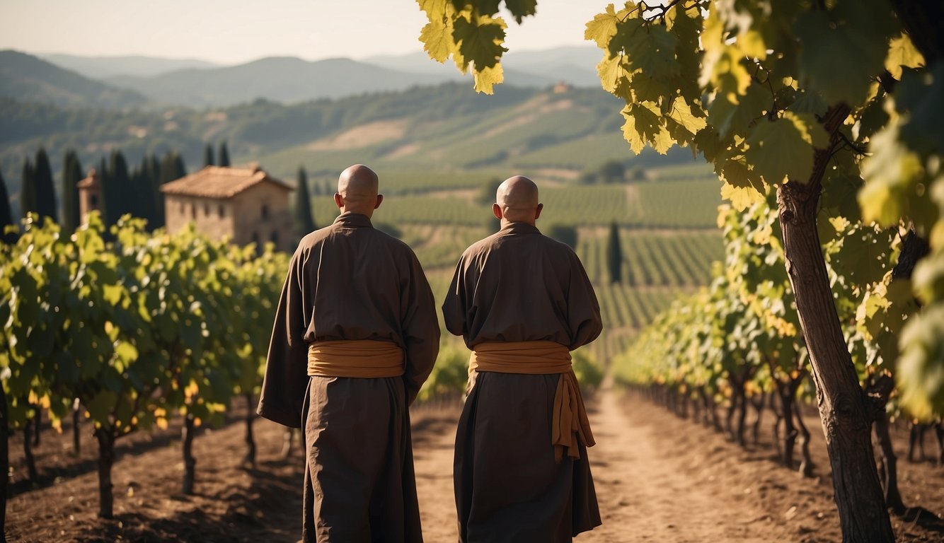 Vineyards surrounded by religious symbols, monks tending to the grapes, and ancient temples dedicated to wine production
