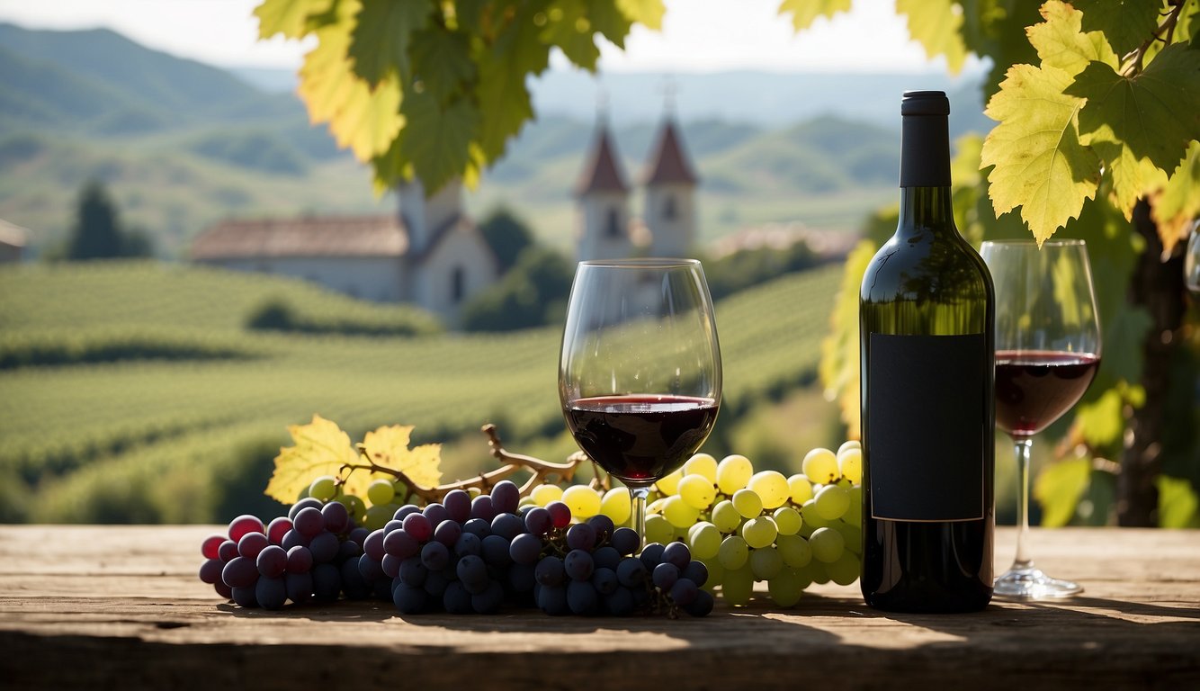 Vineyards stretching across rolling hills, with a prominent church in the distance. Grapes being harvested and wine barrels being loaded onto ships for export