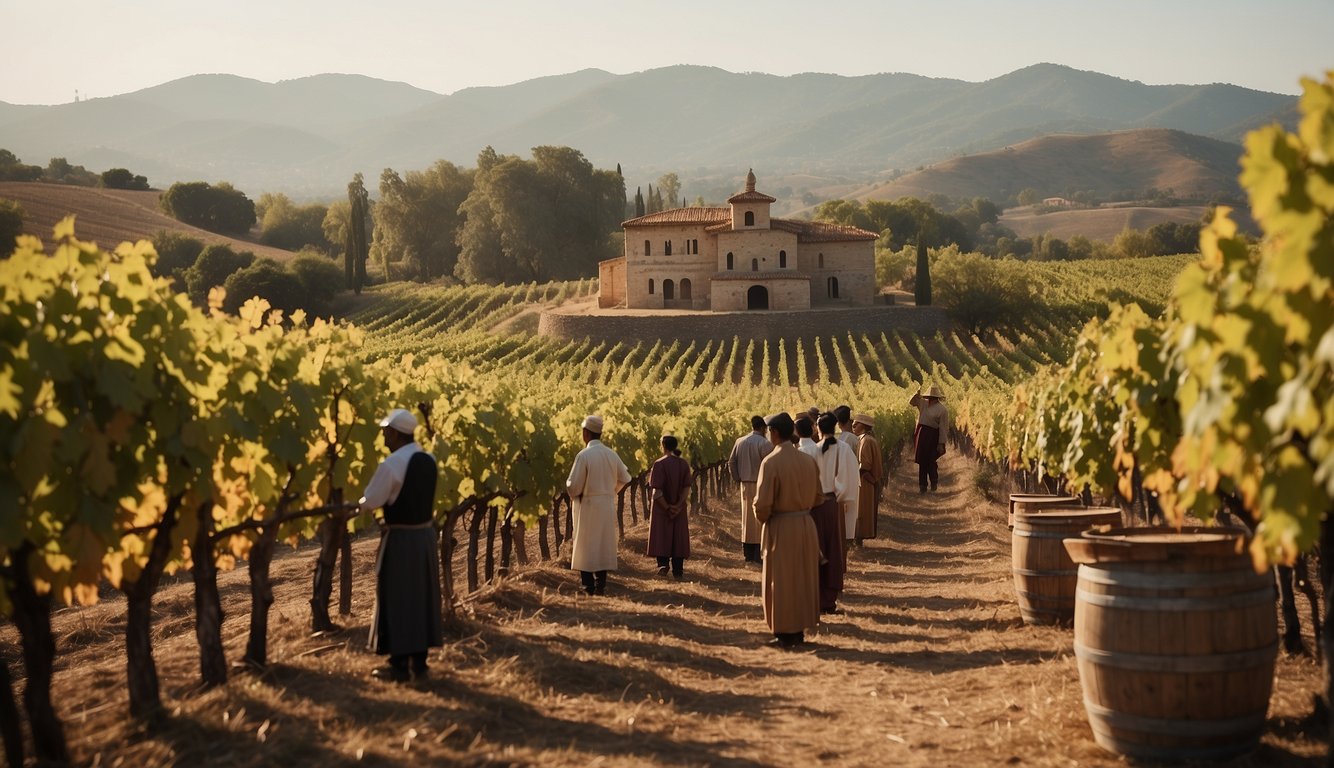 Vineyard with ancient temple in background, grape harvesters performing religious rituals, wine fermentation process overseen by religious symbols