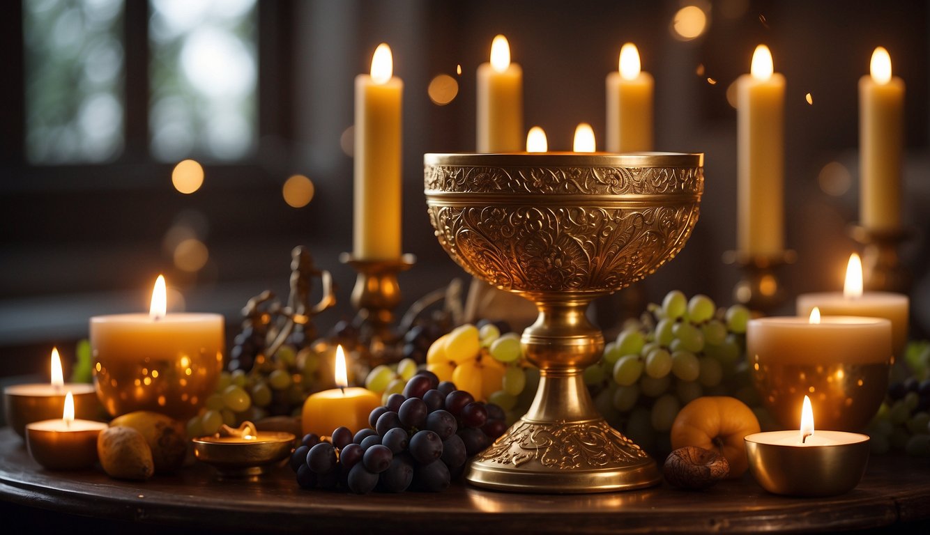 A chalice filled with wine sits on an ornate altar, surrounded by religious symbols and candles. The warm glow of the candles illuminates the sacred vessel, emphasizing its importance in religious rituals