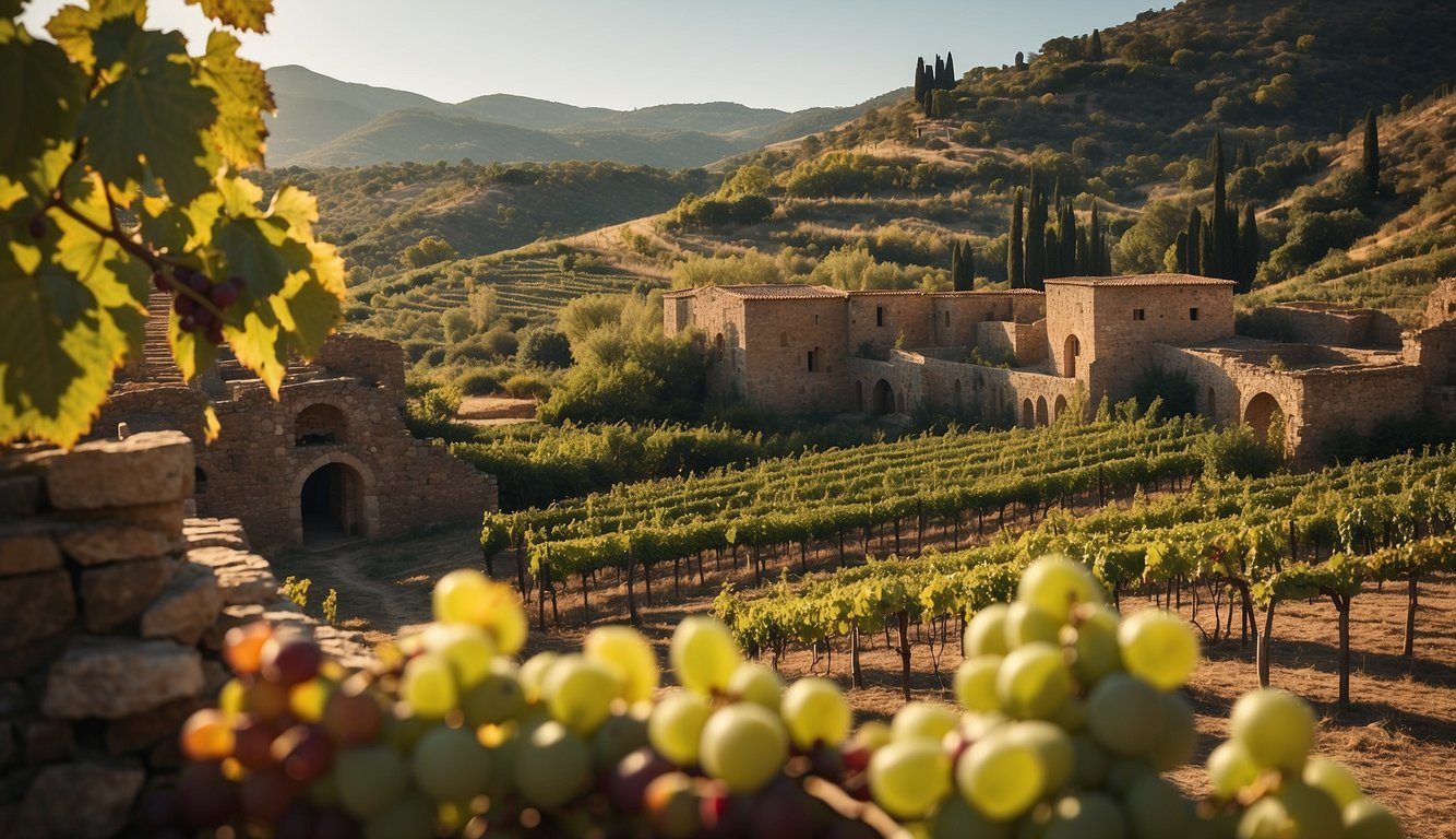 A vineyard nestled among ancient ruins, with a mosaic depicting wine-making techniques. A modern winery stands in the background, showcasing the evolution of wine production