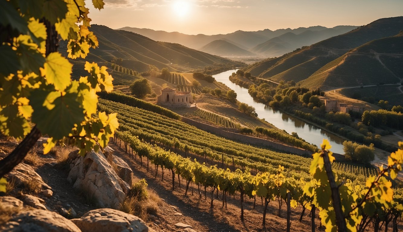 A vineyard nestled among rolling hills, with ancient ruins in the background and a river winding through the landscape. The sun sets behind the mountains, casting a warm glow over the scene