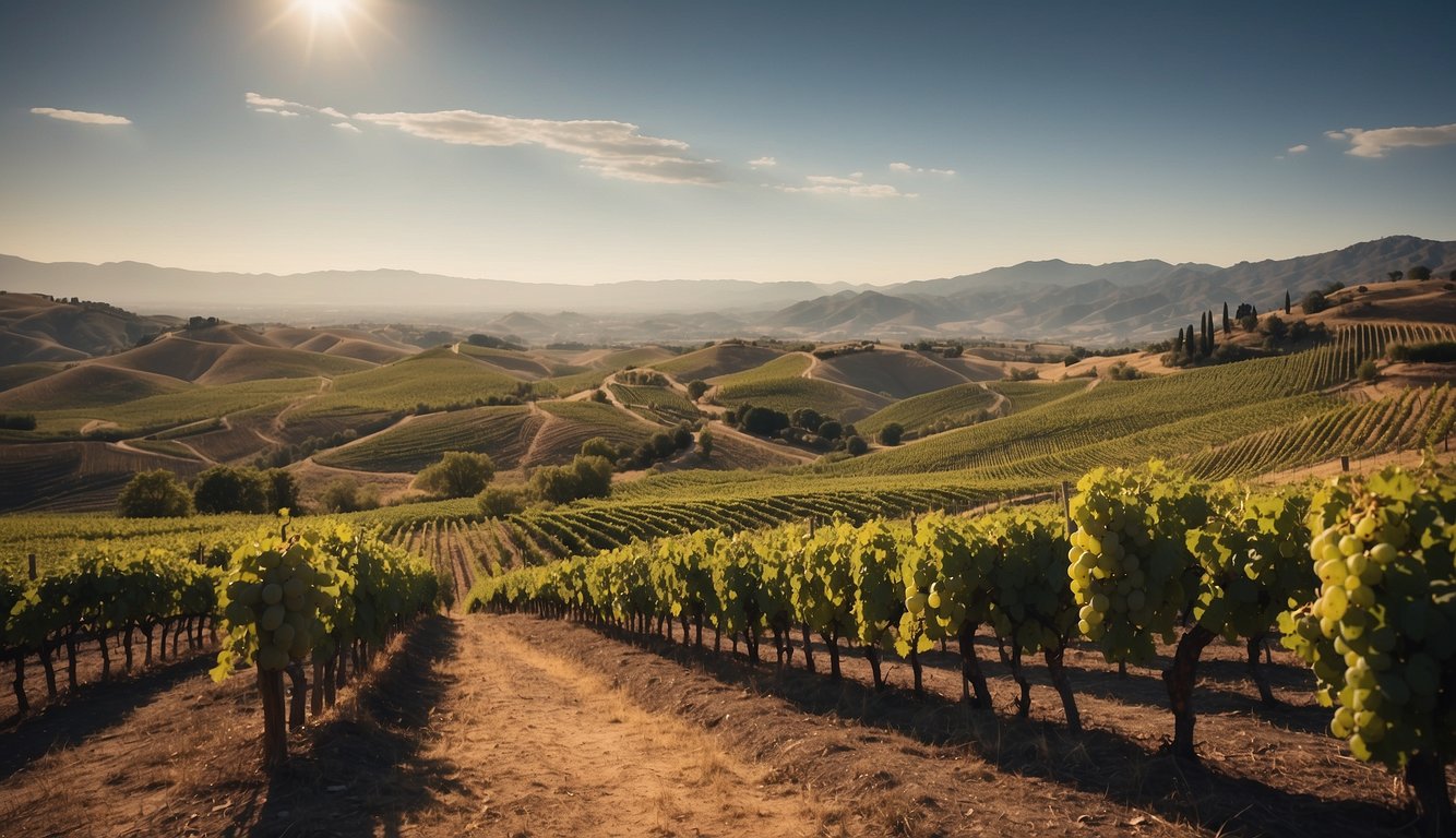 Vineyards sprawl across rolling hills, with modern wineries nestled among ancient ruins. A diverse array of grape varieties flourish, symbolizing the rich tapestry of wine history