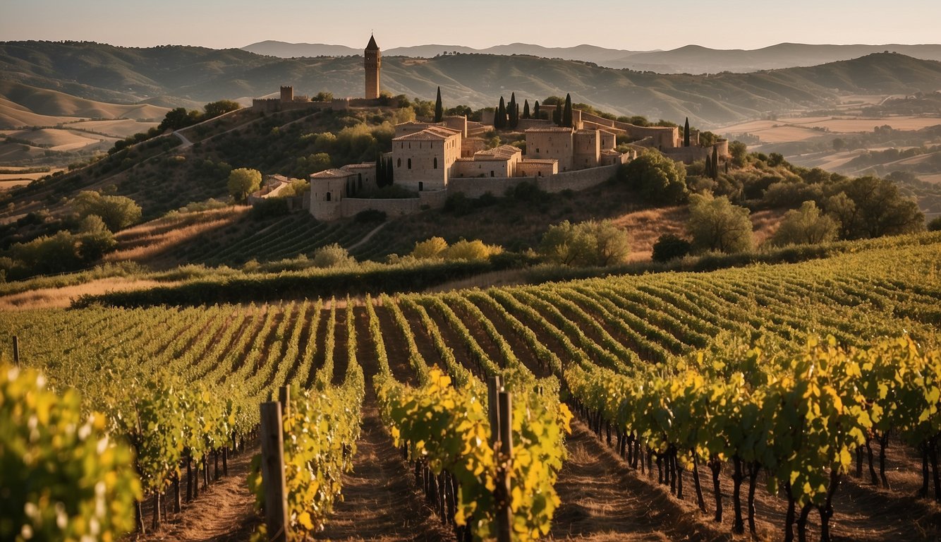 Rolling hills of vineyards, basked in warm sunlight, surrounded by ancient castles and remnants of battles, symbolizing Spain's rich wine history