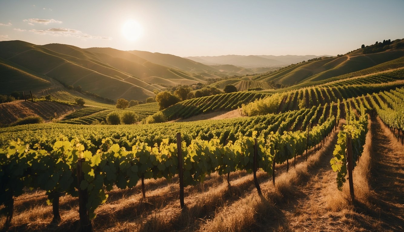 Lush vineyards sprawl across rolling hills, basking in the warm glow of the sun. Rows of grapevines stretch into the distance, creating a picturesque scene for wine tasting experiences