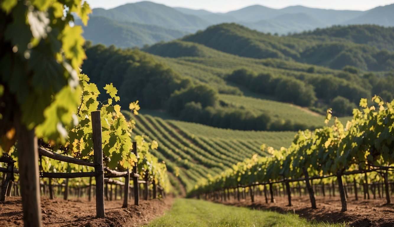 Lush vineyard with rolling hills and rows of grapevines, a rustic tasting room, and a panoramic view of the North Georgia mountains