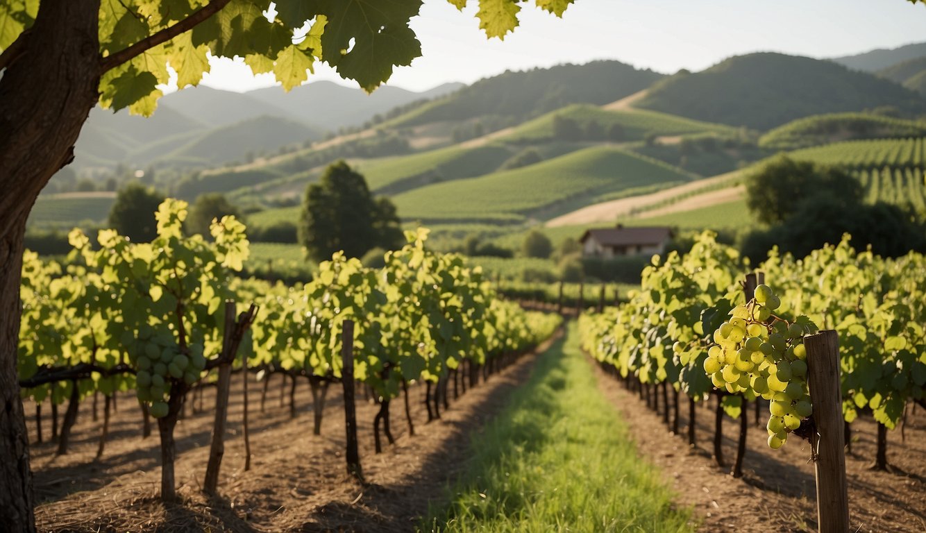 Rolling hills of lush green vineyards, grapevines stretching towards the horizon, with quaint wineries nestled among the rows. Sunlight filters through the leaves, casting a warm glow over the picturesque landscape