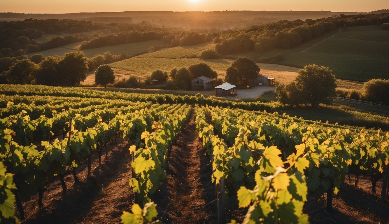 Rolling hills of grapevines, basking in the warm glow of the sun at Sakonnet Vineyards, one of Rhode Island's top 10 vineyards