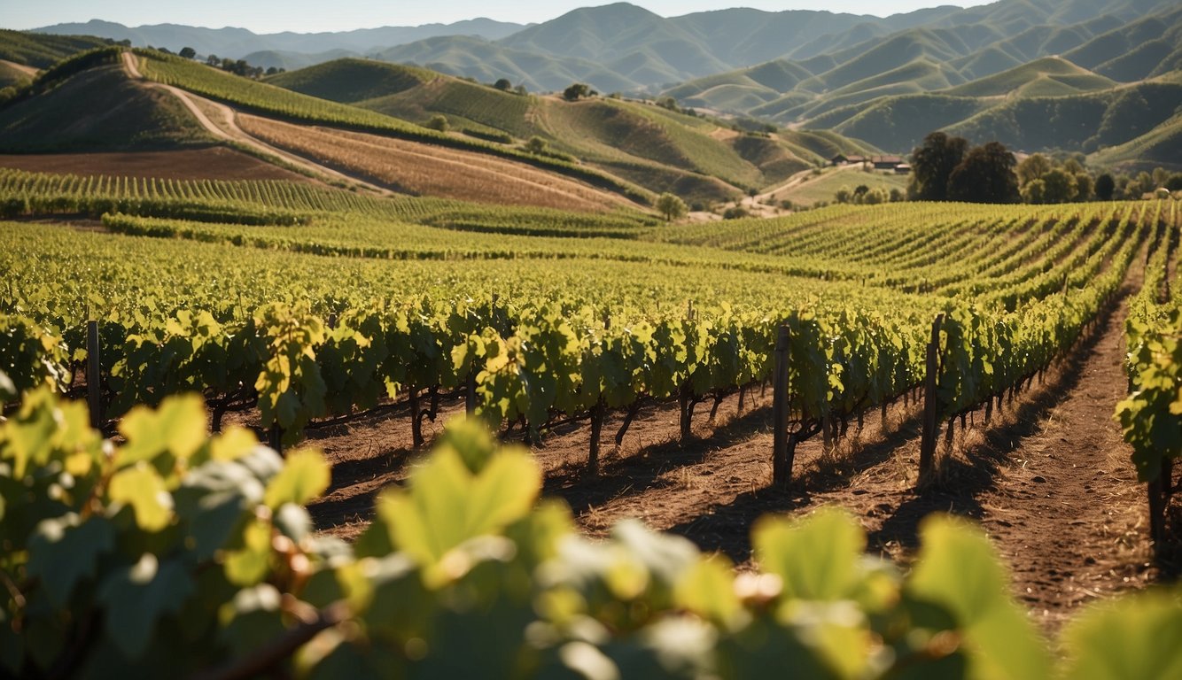 Lush green vineyard rows stretch across the rolling hills, basking in the warm sunlight. A rustic winery stands at the center, surrounded by grapevines heavy with plump, ripe fruit