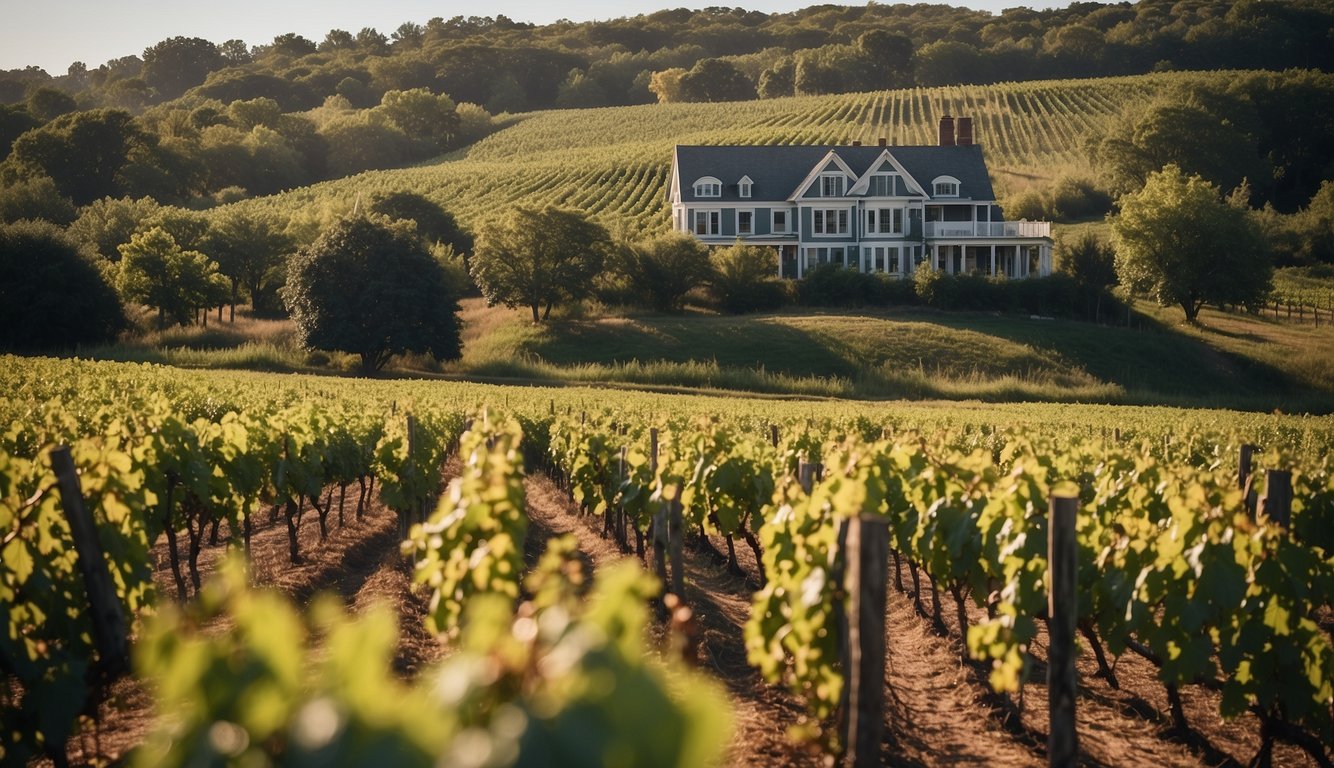 Lush vineyard with rows of grapevines, rolling hills, and a charming winery building at Carolyn's Sakonnet Vineyard