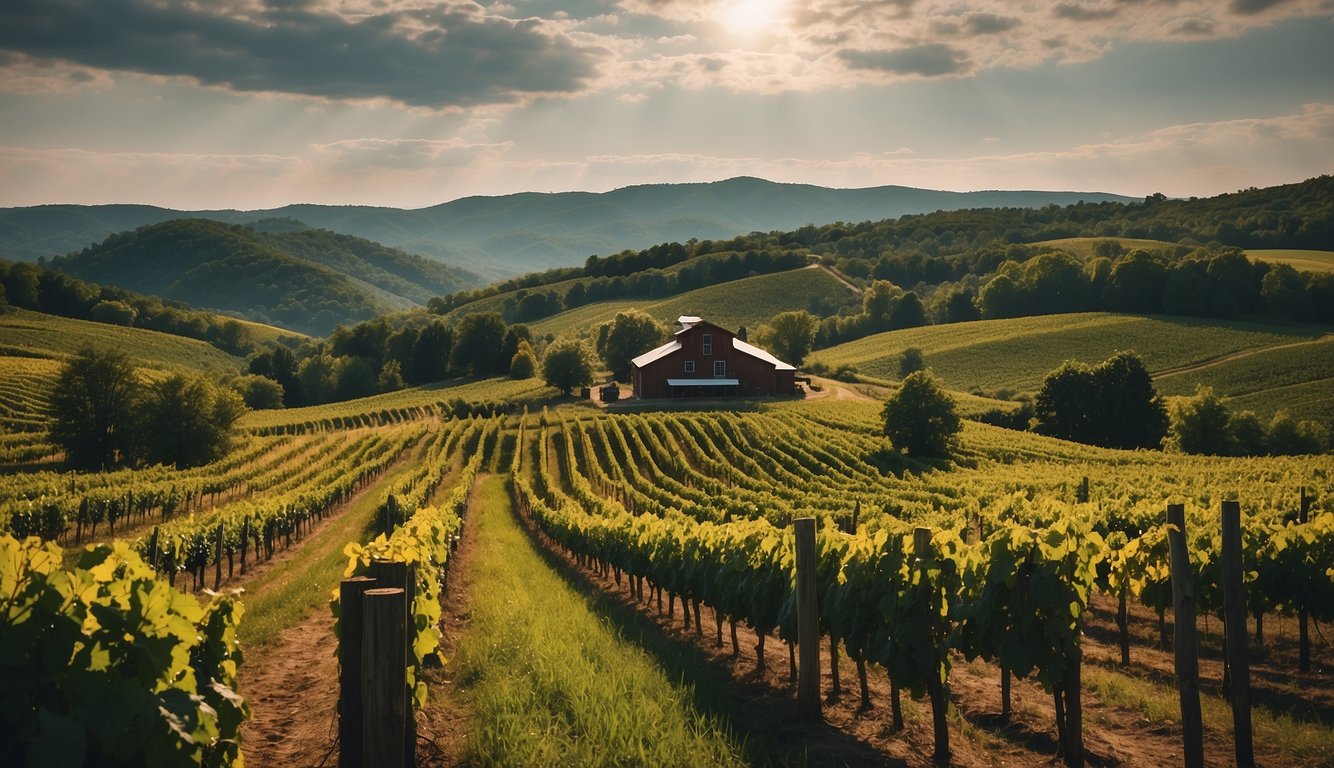 Lush green vineyards spread across rolling hills at Batton Hollow Winery, one of West Virginia's top 10 vineyards