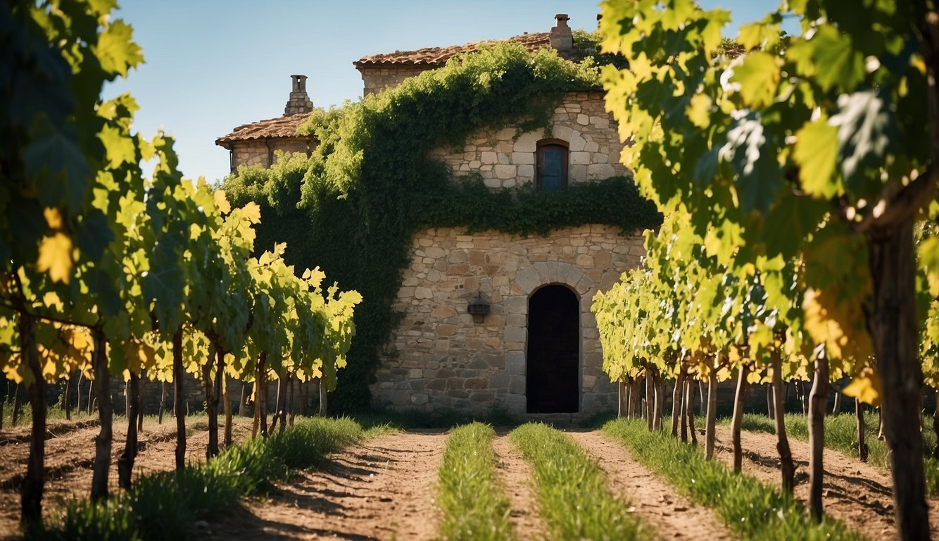 Lush green vineyard rows under a clear blue sky, with a rustic stone building in the background