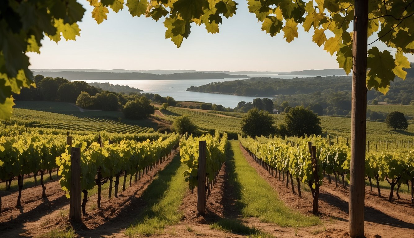 The vineyard overlooks Plymouth Bay, with rows of grapevines stretching toward the horizon. A rustic winery building stands in the distance, surrounded by lush greenery