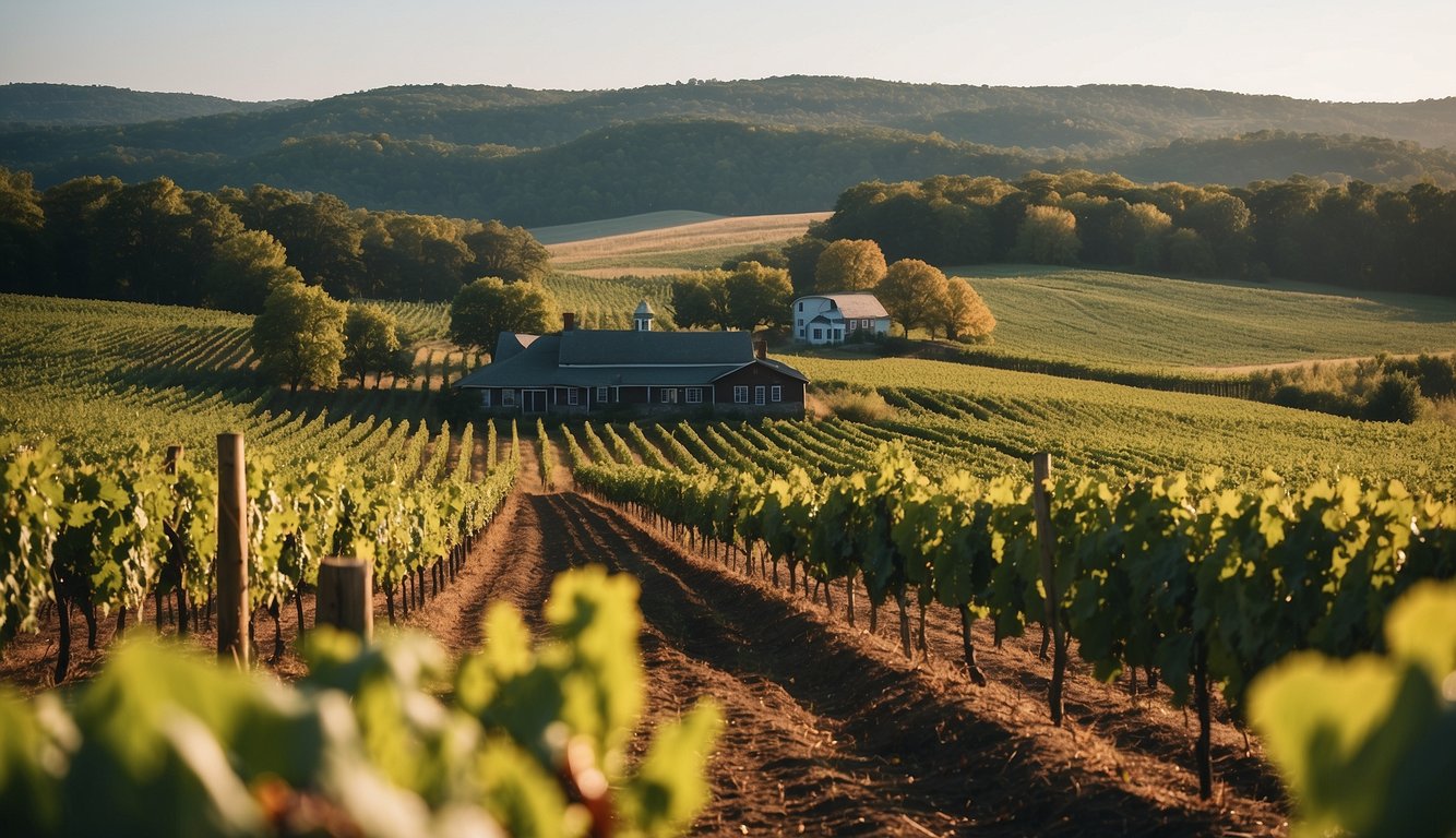 Lush vineyard rows, rolling hills, and a rustic winery building nestled in the Massachusetts countryside