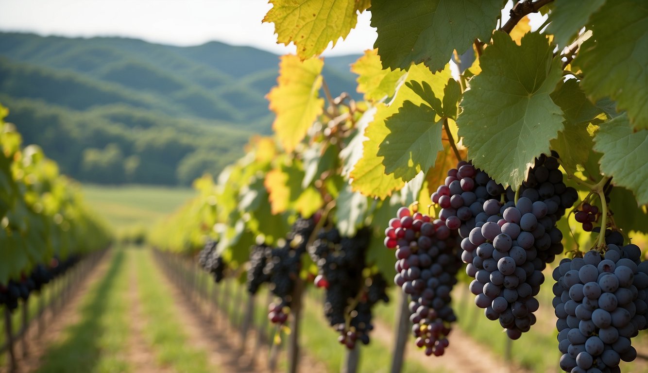 Vineyards in Massachusetts, showcasing a variety of wine grapes. Rolling hills, lush green vines, and quaint tasting rooms