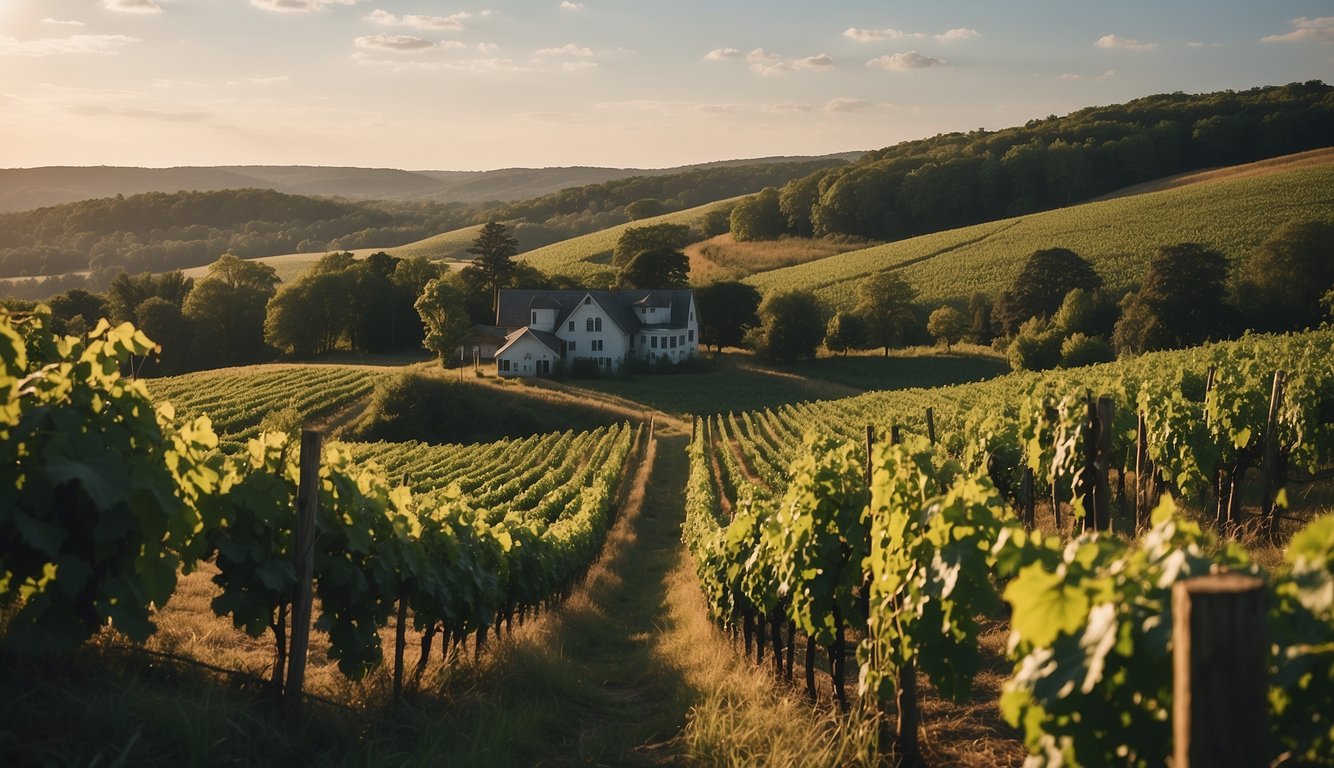 Lush green vines cascade down rolling hills, leading to a rustic winery nestled in the Massachusetts countryside