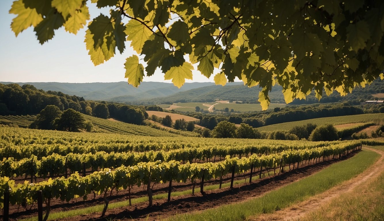 Lush vineyards sprawl across rolling hills in Massachusetts, with rows of grapevines basking in the warm sun. A historic winery stands in the background, surrounded by picturesque scenery