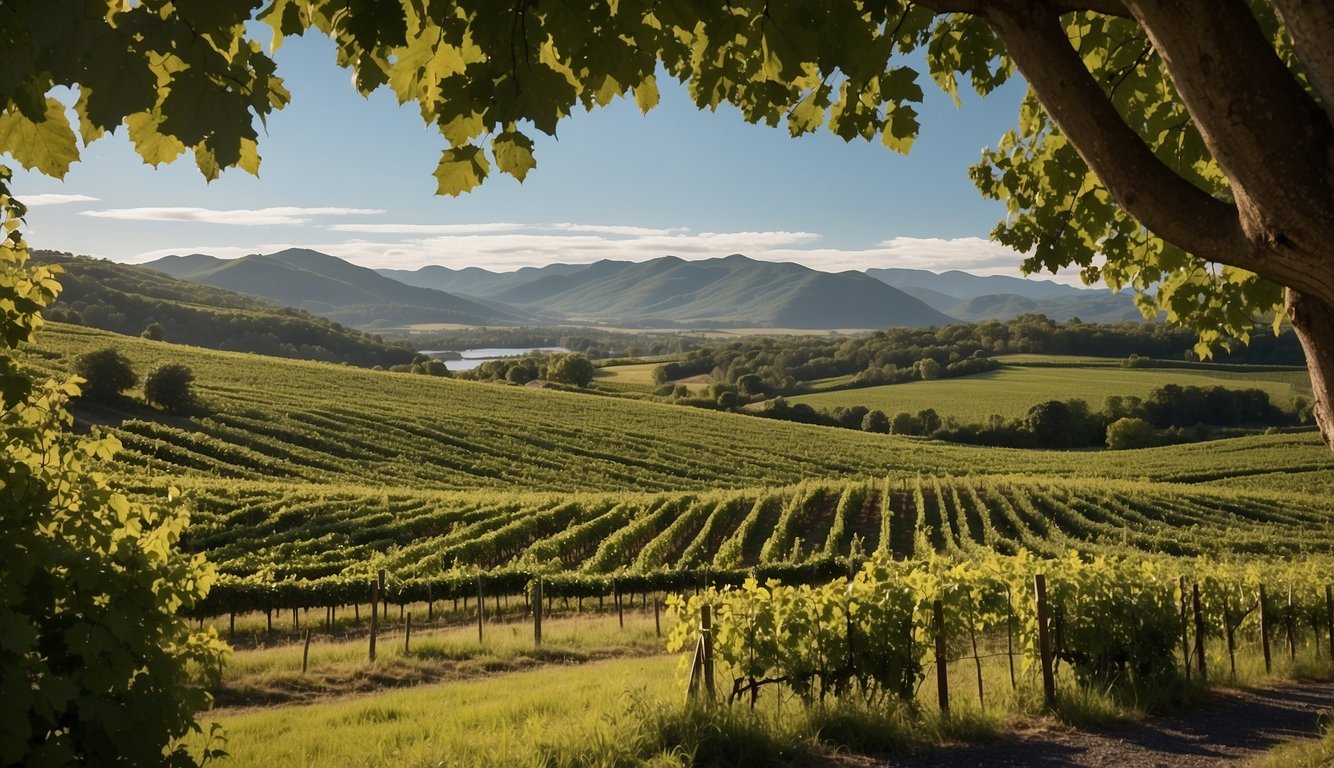 Lush green vineyards stretch across rolling hills, framed by the serene Westport Rivers. A rustic winery stands against a backdrop of vibrant foliage, creating a picturesque scene