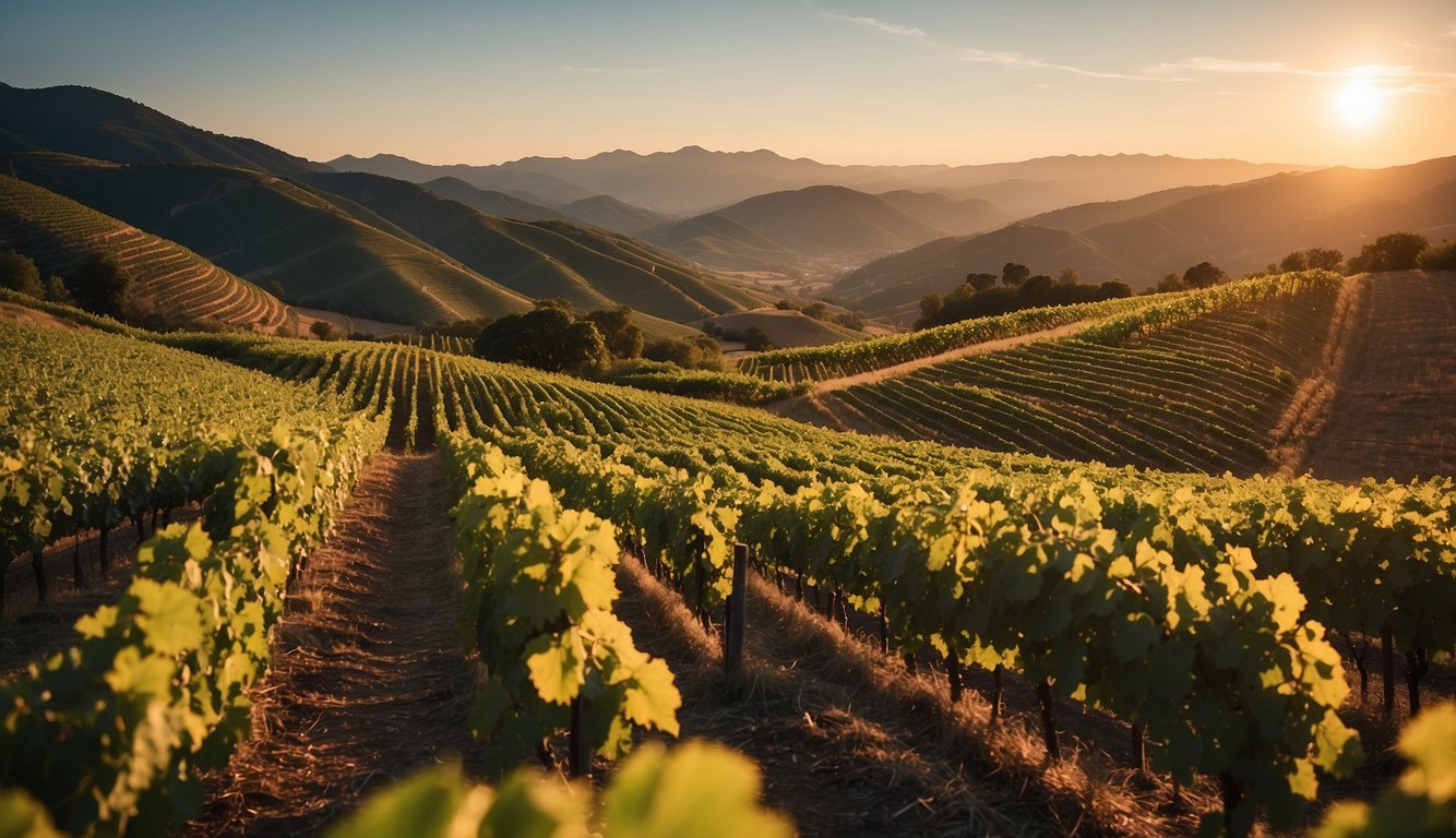 Rolling hills of lush green vineyards, with rows of grapevines stretching into the distance. The sun sets behind the mountains, casting a warm glow over the idyllic scene