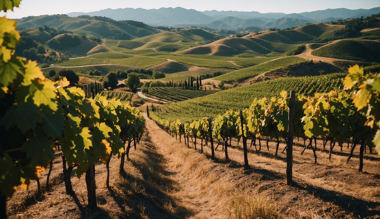 Vibrant vineyard with rolling hills, lush grapevines, and a charming winery nestled among the picturesque landscape