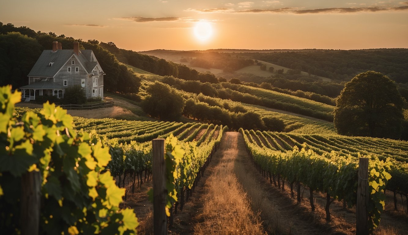 Lush vineyards stretch across rolling hills, with a rustic winery nestled in the backdrop. The sun sets behind the picturesque Truro Vineyards of Cape Cod, one of Massachusetts' finest