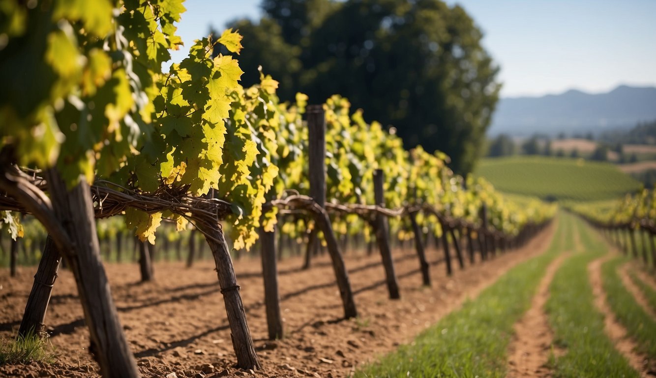 A lush vineyard at Duplin Winery, with rows of grapevines stretching into the distance under a clear blue sky