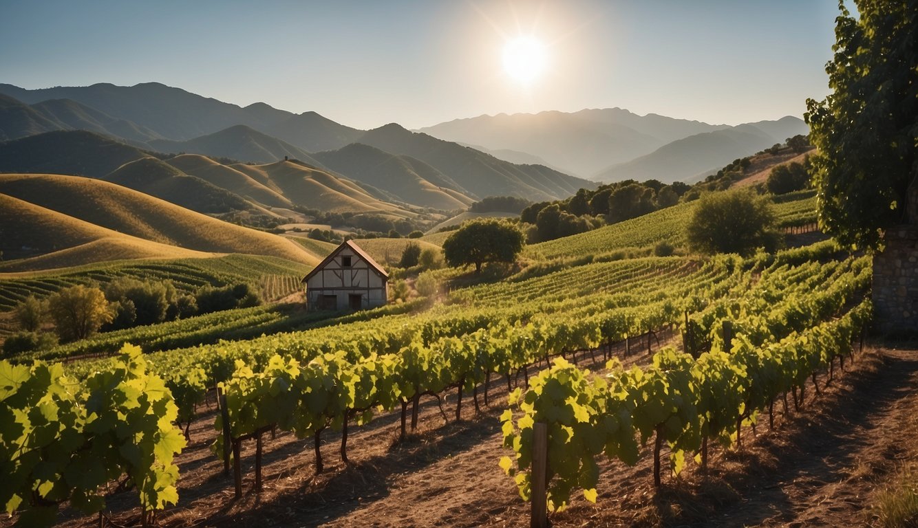 Rolling hills with rows of grapevines, a rustic farmhouse, and a backdrop of mountains. Sunlight filters through the leaves, casting dappled shadows on the lush greenery