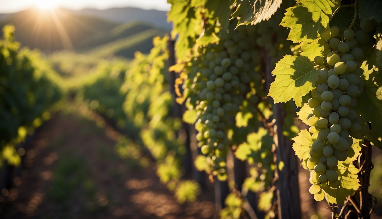 Lush vines climb up the rolling hills of Elkin Creek Vineyard, with a charming winery nestled at the base. Sunlight filters through the leaves, casting a warm glow over the picturesque scene